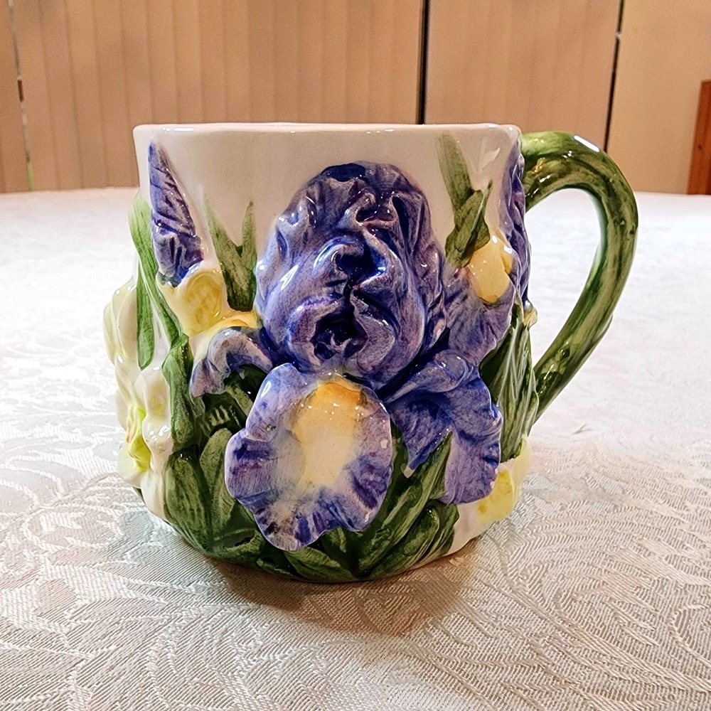 Vintage Nantucket Home Majolica Style Raised Iris Mug Purple Floral Ceramic 4in